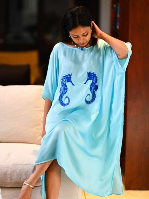 Seahorse Print Silk Kaftan Dress