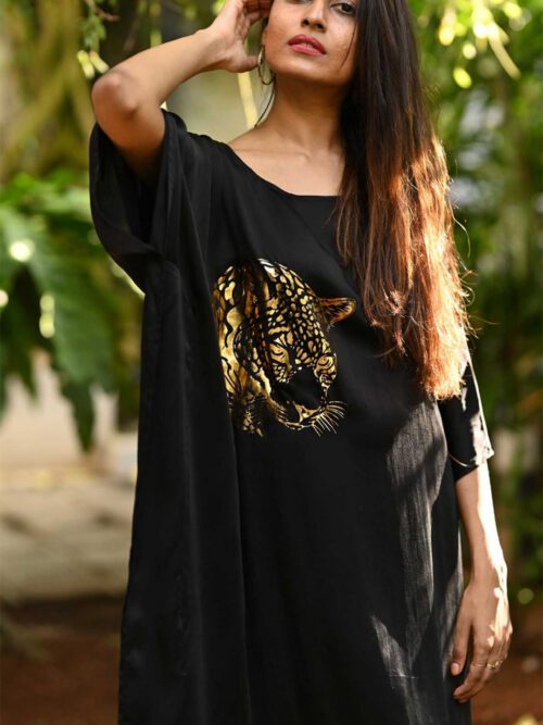 Gold Panthera Head Silk Kaftan Dress