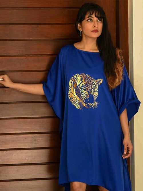 Gold Panthera Head Silk Kaftan Dress