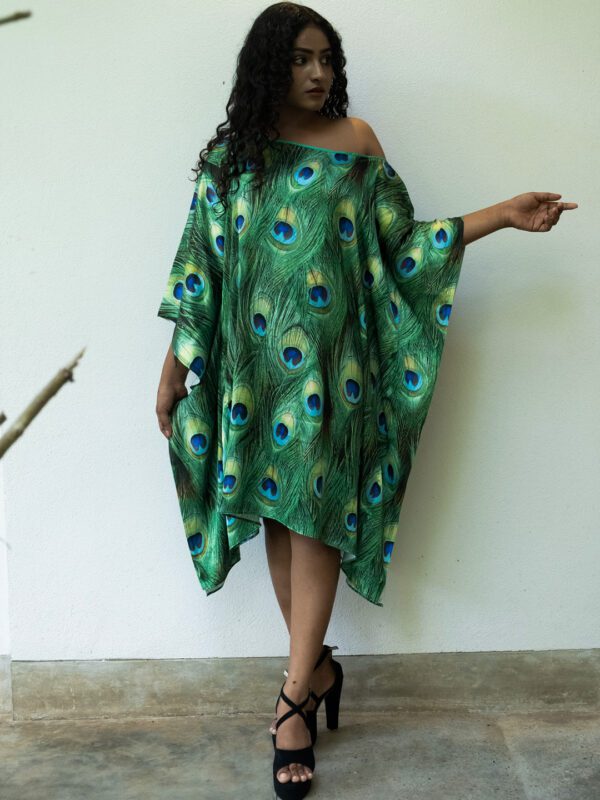 Peafowl Feather Printed Silk Kaftan Dress