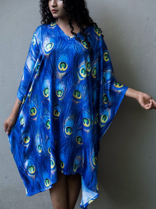 Peafowl Feather Printed Silk Kaftan Dress
