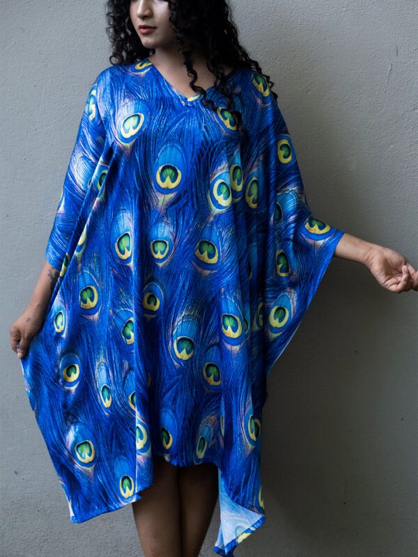 Peafowl Feather Printed Silk Kaftan Dress