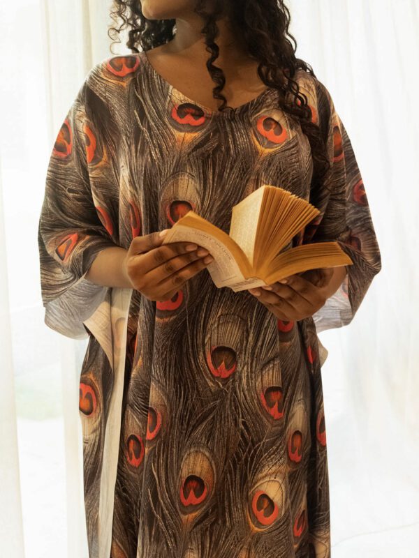 Peafowl Feather Printed Silk Kaftan Dress