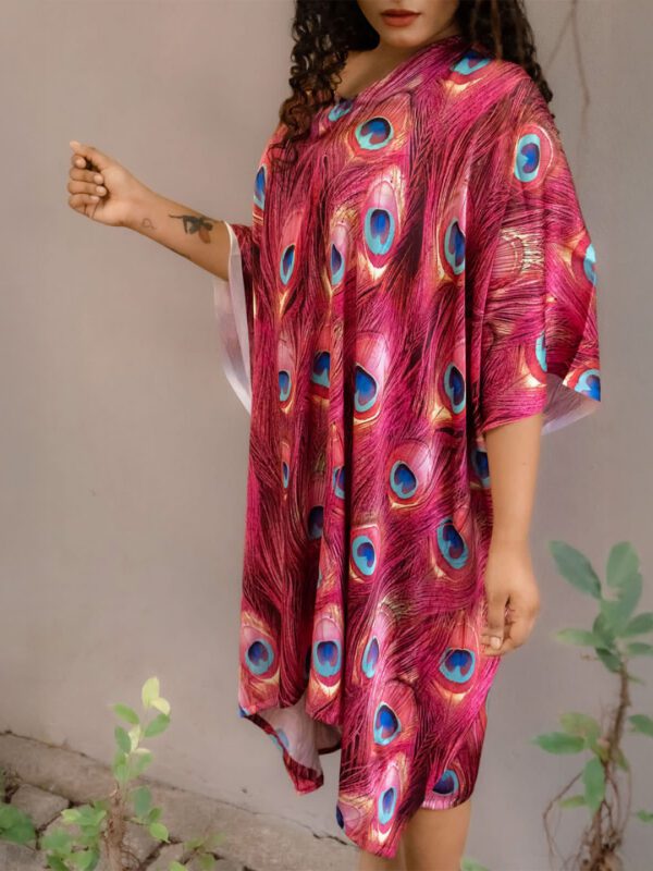 Peafowl Feather Printed Silk Kaftan Dress